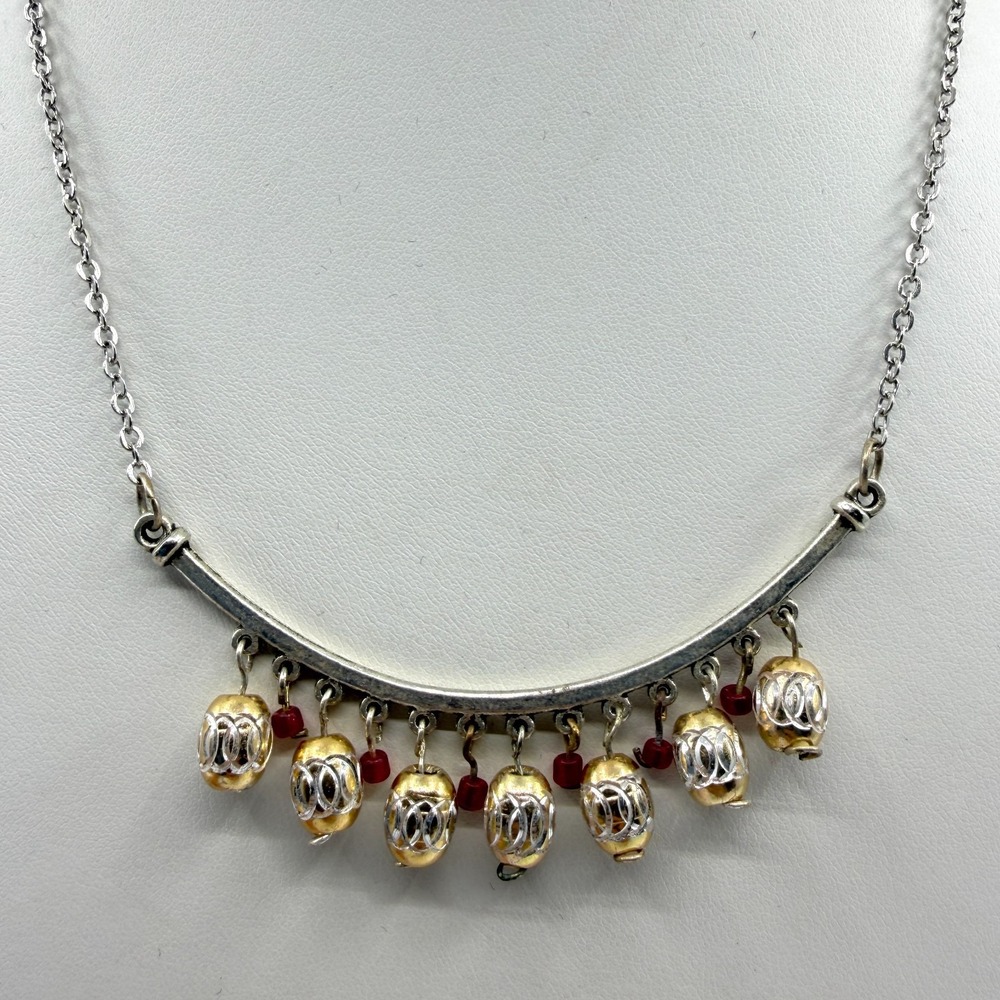 Ornate Tribal Statement Necklace Silver & Gold Tone Beads Boho Festival Jewelry